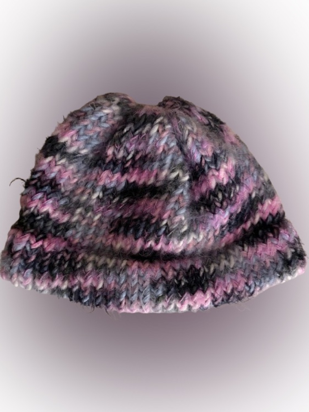 Hand-Knit Multicolor Beanie - Pink & Gray